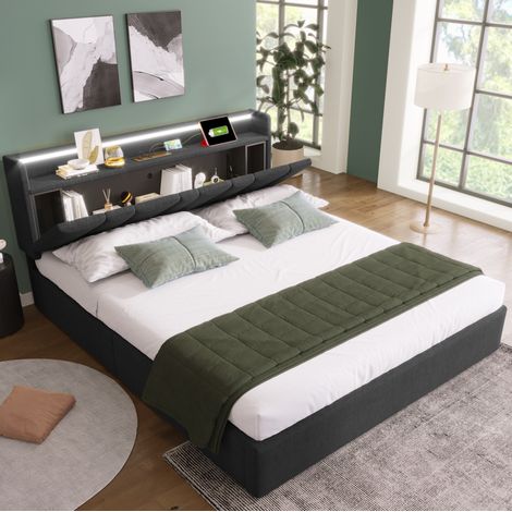 Cama canapé 140 x 200 cm con cabecero con almacenaje, USB, LED RGBW y cargador Type-C gris DESVIAE (1/5)