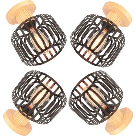 Plafonnier Vintage - - 18cm - Métal Cage - Décor Bois - 4 Ampoules E27 (1/5)