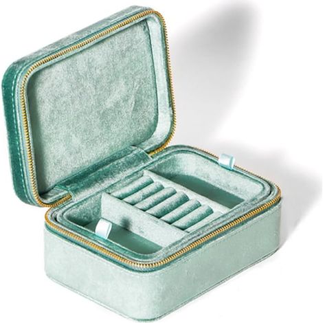 Joyero de peluche, joyero portátil de viaje de doble capa, caja para guardar collares, joyero pequeño con cremallera, verde menta