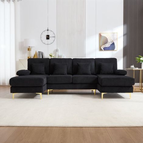 Canapé moderne en forme de U — Avec éclairage d'ambiance LED et ports USB-C, structure en bois massif, inclut 4 coussins moelleux et des dossiers ergonomiques haut de gamme pour un confort optimal — N (1/4)
