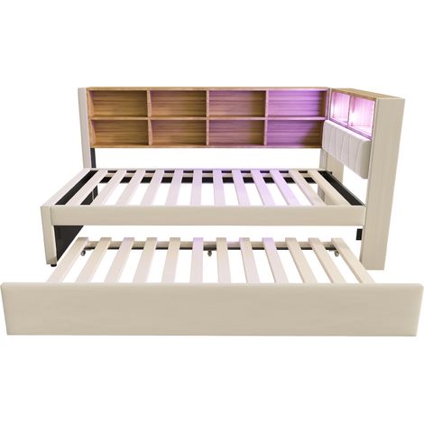 Letto multifunzione 90 x 200 cm con letto estraibile 90 x 190 cm, LED, prese e vani beige (1/5)