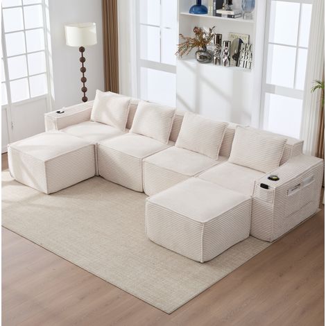 Sofá modular de 4 plazas en pana beige con 2 pufs, portavasos y bolsillos OKMYHOME (1/5)