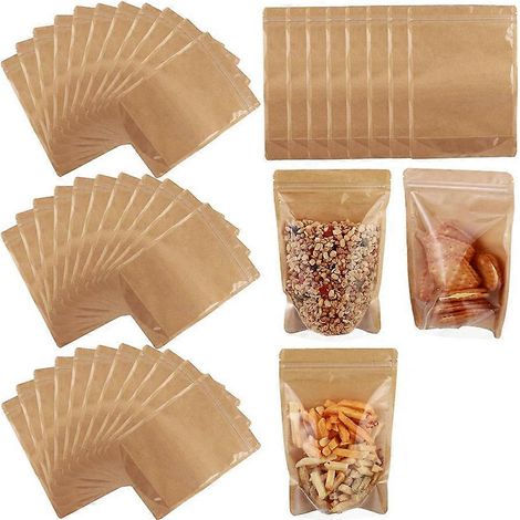 150 pièces 3 taille Resealable support Up kraft papier sacs avec transparent Fornt Pouches aliments rangement (1/5)