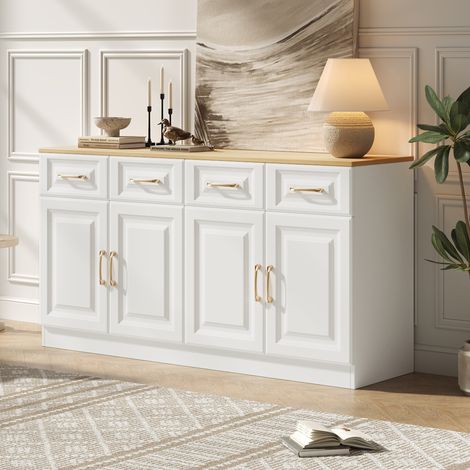 Credenza HAVRYA 140 cm con 4 cassetti, 4 ante e ripiani regolabili, bianco e rovere (1/5)