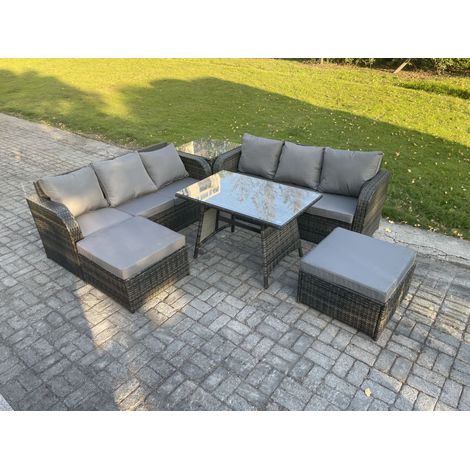Fimous Rattan Garden Furniture Dining Set 8 seater Patio Rectangular Table 2 Big Footstool Side Table Dark Grey Mixed (1/5)