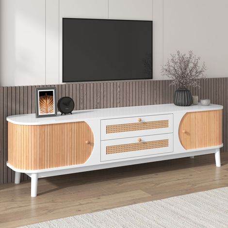 Meuble tv design campagne naturel avec portes, tiroirs et côtés en rotin meuble tv avec rangement (1/5)