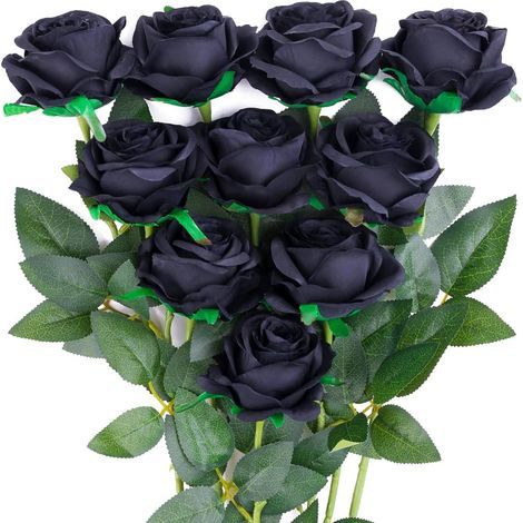 Bouquet de 10 Roses Artificielles en Soie Noire - Roses Fausses Élégantes, Décoration Gothique ou Moderne pour Salon et Bureau (1/5)