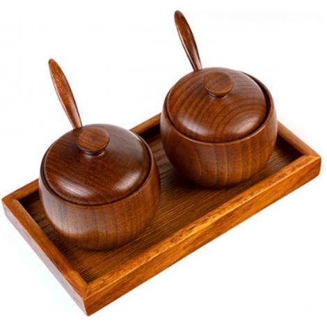 Ensemble de 2 boîtes à sel en bois avec plateau, boîte à sel en bois naturel, récipient de rangement pour épices avec bol (1/5)