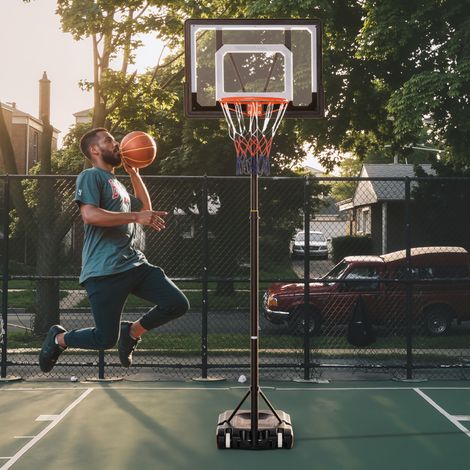 Panier de basket mobile à roulettes, panneau arrière 83 x 55 cm, hauteur réglable de 156 à 210 cm, système de basket pour jeunes, pour usage extérieur. (1/5)