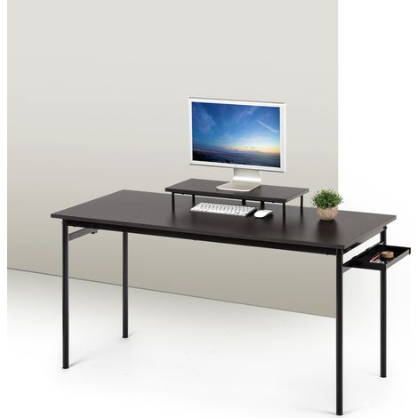 Bureau à cadre noir en métal avec plateau de rangement et support d'écran 140 x 60 cm Tresa Station de travail finition espresso Bureau d'ordinateur Facile à monter (1/5)
