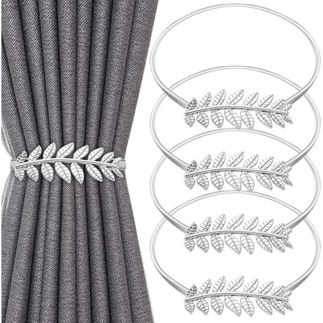 Lot de 4 Embrasse pour Rideaux, Attache Rideau Strass en Forme de Feuille Argentée, Embrasse Rideau avec Corde à Ressort Réglable, Attache Rideaux (1/5)
