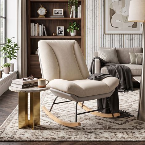 Creahappy Fauteuil Roulant Chaise Basculante Relax - Dossier Réglable 5 Positions - Tissu Lin Beige et Gris - Pieds Bois (1/5)