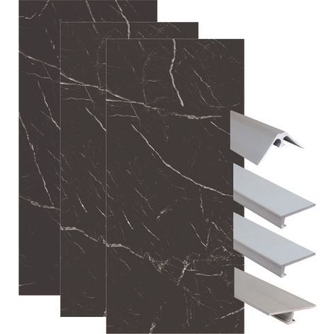 ONDEE ZEN - Pack complet de montage panneaux muraux Marbre Noir 200 cm - Profilé chromé inclus (1/4)