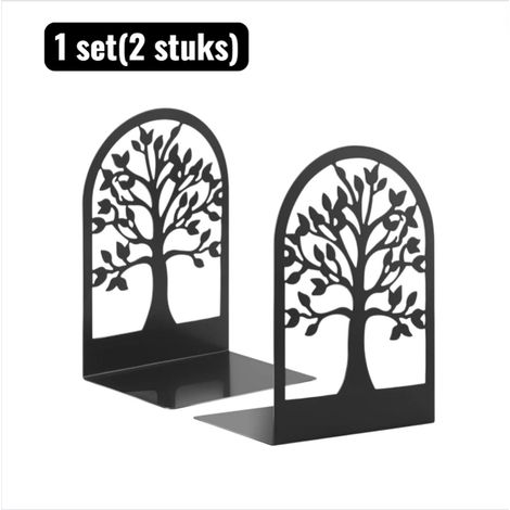 Lot de 2 serre-livres - Serre-livres minimalistes en métal - Design géométrique pour bureau et bibliothèque - Serre-livres robustes pour le bureau et la bibliothèque - Motif arbre - Noir (1/5)