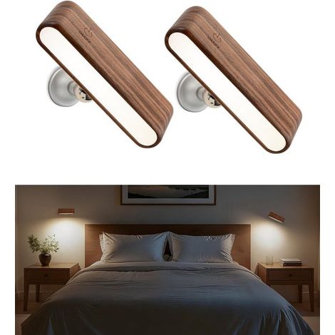 Lámpara de pared LED de madera de 2 piezas, Nogal negro, Giratoria magnética 360°, Recargable, Brillo ajustable, pasillo y sala de estar (1/4)