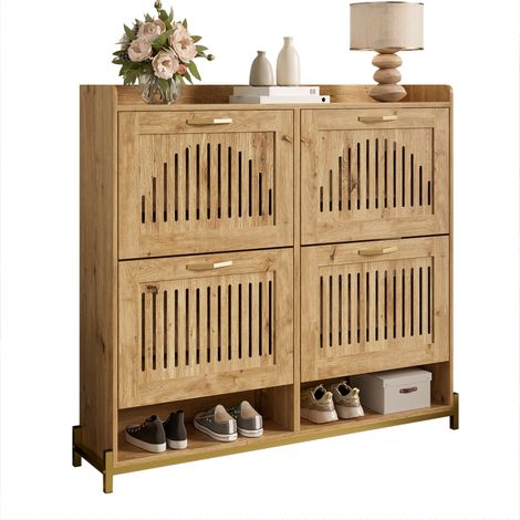 Meuble à chaussures moderne avec portes verticales ajourées – meuble d'entrée à 4 portes, structure métallique et étagère – rangement à chaussures peu encombrant pour l'entrée, le couloir ou la chambr