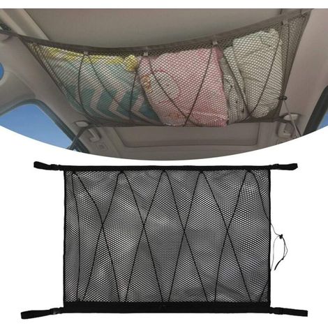 Filet de rangement pour voiture – Organisateur de plafond noir en tissu polyester maillé – Dimensions 90 x 65 cm – Installation facile avec attaches (1/4)