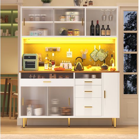 Aparador alto de MDF y vidrio blanco con LED, estantes ajustables, botellero y cajón para copas, 145x39x171 cm (1/5)
