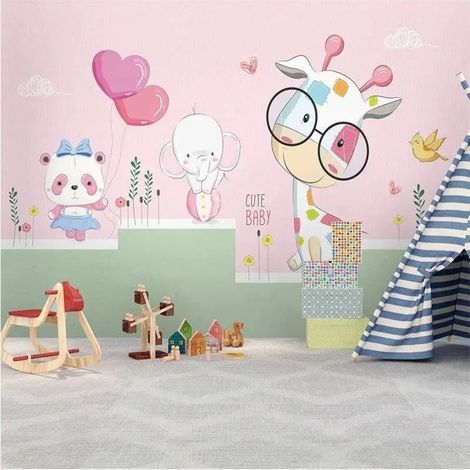 Papier peint enfant menagerie pastelle et ballons coeur - 400 x 260 cm (1/2)