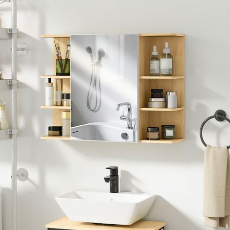 Armoire de salle de bain murale avec miroir, meuble de salle de bain avec étagères ouvertes, 80 x 20 x 59 cm, bois naturel (1/5)