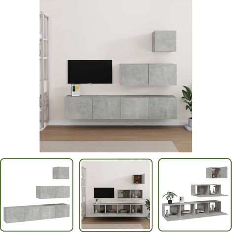 The Living Store Ensemble de meubles TV 4 pcs Gris béton Bois d'ingénierie - Meuble Tv Gris - Meuble Tv Mural - Meuble Tv Suspendu - Rangement Tv - Étagère Murale (1/5)