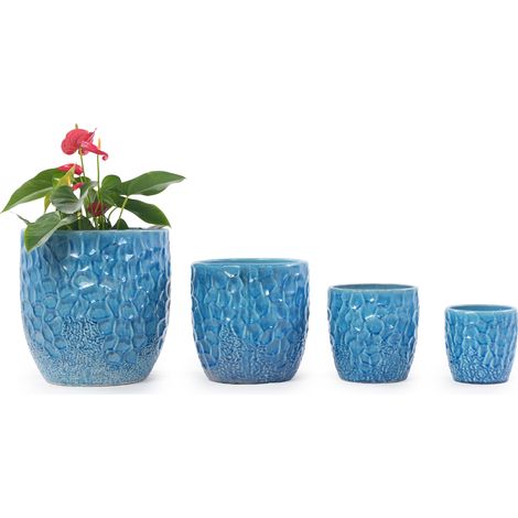 Maceta individual pequeña de cerámica de Ø18 cm, de color azul brillante con relieve martillado en todo su contorno, transpirable y con orificio de drenaje para mini suculentas y hierbas aromáticas pa (1/5)