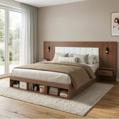 Letto adulto 180x200 cm con porte USB e Type-C, lampada da lettura, 2 comodini e vano portaoggetti aperto, colore noce, materasso non incluso (1/5)