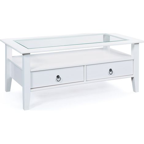 Table basse - Table en bois massif - Table de salon - Table basse - Pin massif - avec plateau verre - 2 tiroirs teintés blanc - 115 x 60 x 45 cm - 7 (1/5)