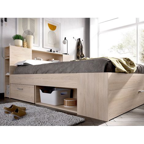 Lit avec tête de lit rangements et tiroirs - 140 x 190 cm - Coloris : Naturel + Sommier - LEANDRE (1/4)