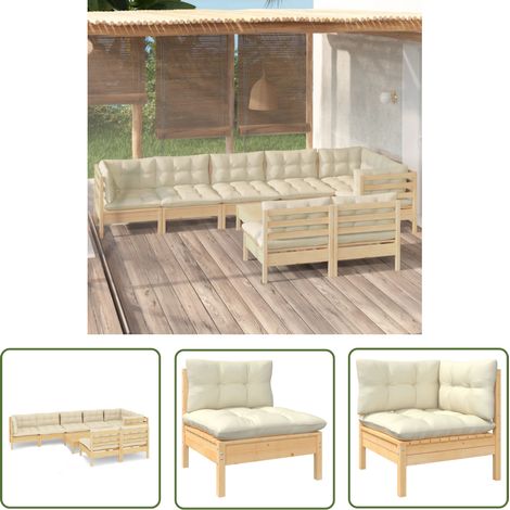 Salon de jardin 9 pcs,Mobilier de terrasse,Table et Chaise pour Relax avec coussins crème Bois de pin massif -YZ831162 (1/5)