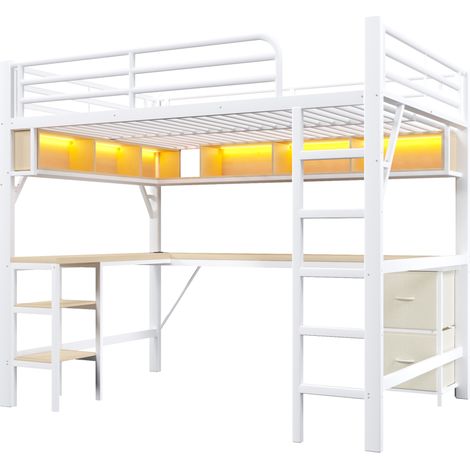 Letto a soppalco 140 x 200 cm in metallo con scrivania, ripiani, USB e LED, bianco - MODENUIT (1/5)