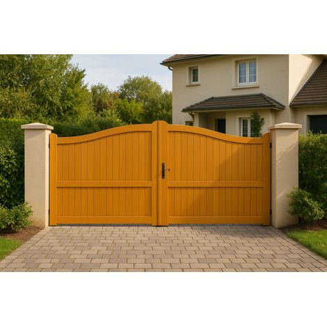 Gdmenuiseries – Portail plein en bois massif Meranti L 3 m x H 1,60/1,80 m – Épaisseur 39 mm – Traitement FIH appliqué en usine – Pré-équipement pour serrure (1/3)