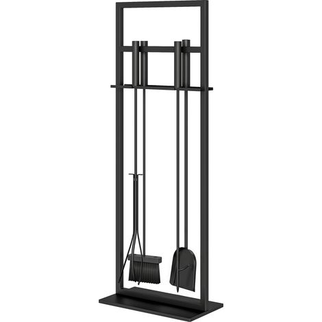 Ensemble d'outils de cheminée en métal 5 pièces comprenant une brosse, une pelle, un tisonnier, une pince et un support - Noir (1/5)