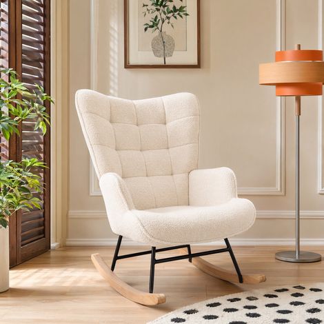 Capitonné Fauteuil à bascule, Fauteuil allaitement, Rocking chair en polaire Teddy, Fauteuil d'allaitement nordique, Pieds en Bois Massif, pour Chambre à coucher, Salon, Balcon (1/5)