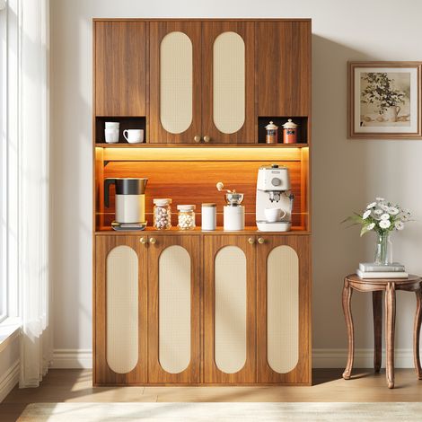Meuble de rangement haut en MDF et PE-rattan, 8 portes, LED à couleur réglable, naturel HAVRYA (1/5)