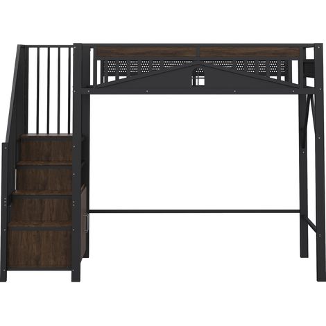 Hochbett Einzelbett mit Stauraumtreppe, kleinem Schrank und Sicherheitszaun mit Fenster 90 x 200 cm, ohne Matratze (1/5)