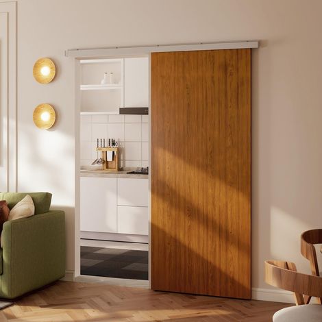 Puerta Corredera con Herrajes 90x210 cm con Rodillo Riel de Aluminio Guía de Suelo Marrón (1/5)