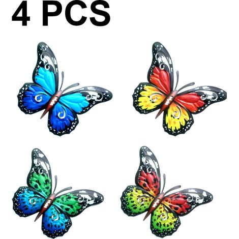 Décoration murale papillons en métal, ensemble de 4 papillons 3D colorés pour salle de bain, salon, chambre, véranda, terrasse, jardin, cour ou clôture. (1/5)