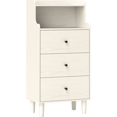 Commode blanc imitation bois 47x29x95 cm avec 3 tiroirs et 2 étagères ouvertes, meuble gain de place pour chambre et salon design pratique