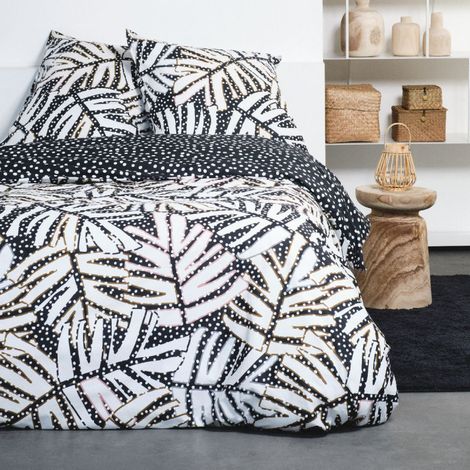 Parure de lit double "Sunshine" en coton imprimé de grandes feuilles - Noir/Blanc - 220 x 240 cm - Livraison gratuite (1/3)