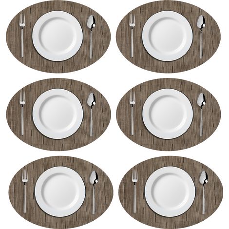 Sets de table ovales en vinyle tissé imitation bambou, résistants à la chaleur et lavables, pour table de cuisine (marron) (1/5)