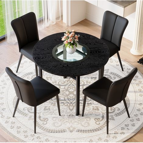 Table ronde 100 cm avec 4 chaises en cuir régénéré noir, plateau MDF effet bois noir et verre, pieds métal réglables, pour salle à manger ou salon CHICFURN (1/5)
