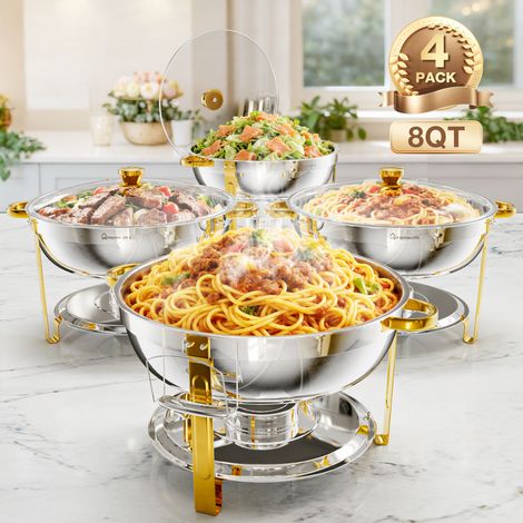 4 Pack 7,5 L Gold Chafing Dishes 8QT for Buffet , Stainless Steel Round Chafers and Buffet Warmers Sets with Lid Holder, Stackable Design, for Catering, Parties, Weddings