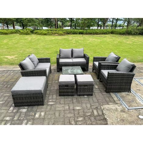 Fimous 9 Seater Dark Grey Mixed High Back Rattan Sofa Set Coffee Table Garden Furniture Outdoor 3 Stools (1/5)