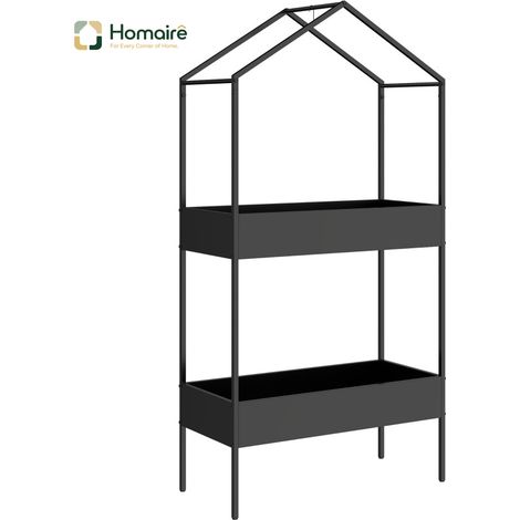HOMAIRE Plant stand à deux étages en forme de maison, 150 cm de haut avec crochets, métal noir (1/5)