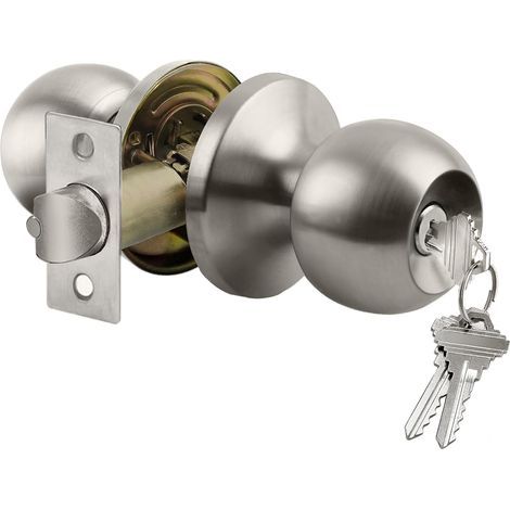 Bouton de porte à clé avec serrure, serrure robuste pour portes intérieures et extérieures, forme boule standard, finition nickel satiné (1/5)