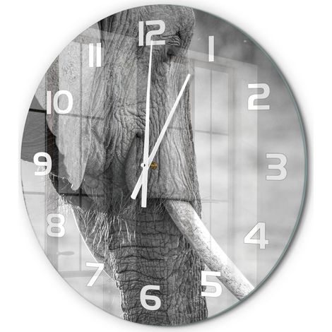 Horloge Murale Ronde Moderne Verre Trempé Quartz Silencieux Sans Tic-Tac Éléphant fi 60 cm (1/5)