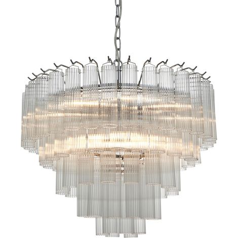 Plafonnier suspendu 12 bras multiples – Finition nickel brillant – Verre nervuré transparent – Hauteur réglable 60-196 cm – Type G9 – Endon