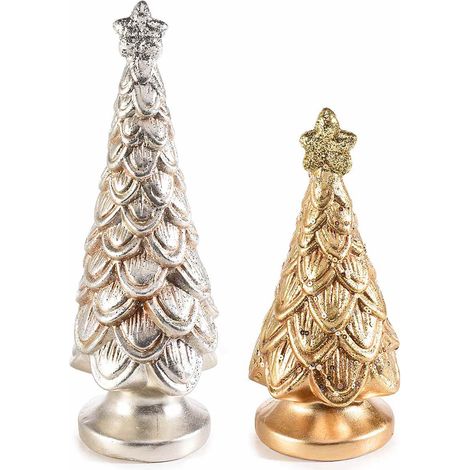 Alberi di Natale decorativi in terracotta ad effetto metallizzato, set da 2 pezzi, Grande: Ø 9 cm x 27 H