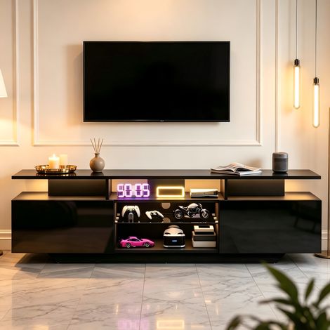 Mueble TV 160 x 40 x 45 cm con LED, 2 armarios, MDF negro, para TV hasta 70 pulgadas (1/5)